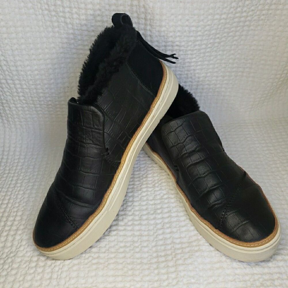 TOMS Paxton Women’s Size US 7.5 Black Croc Embossed Leather Faux Fur Slip-on